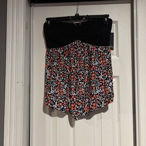 Strapless Floral Romper with Crochet Bodice  tie neck - Black & Red Floral